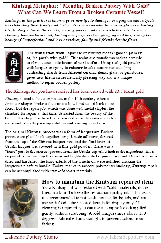 kintsugi flyer inserted in packages with Kintsugi art made with 23.5 karat real gold