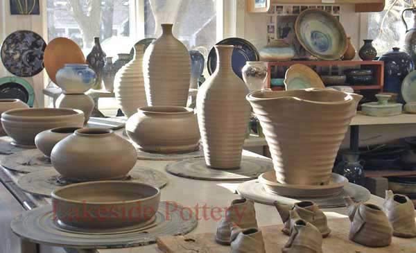 several thrown pots in our studio during open studio