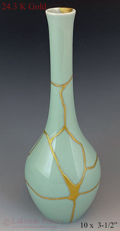 Kintsugi gold celadon bud vase