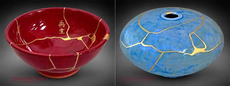 Gold Kintsugi repair examples showing restored vase and bowl