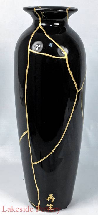 Tall black gold Kintsugi vase
