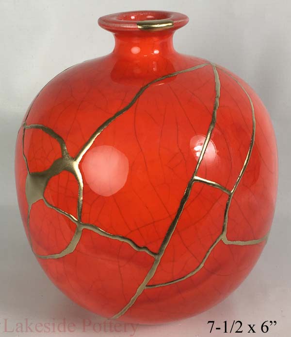 Orange / red crackeled glaze bud Kintsugi vase