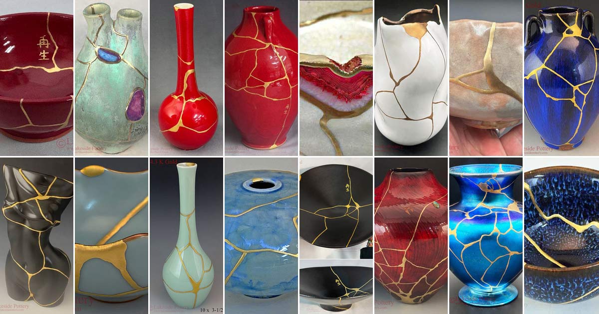 Collage of completed Kintsugi pottery restorations with gold repair lines