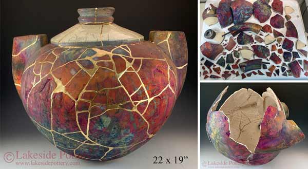 Large and very broken Raku vase with Kintsugi repair - Before and after 