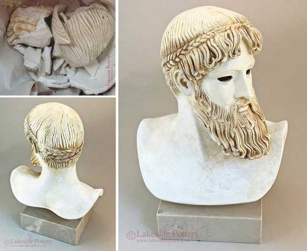 Ceramic Poseidon sculpture repair - before and after