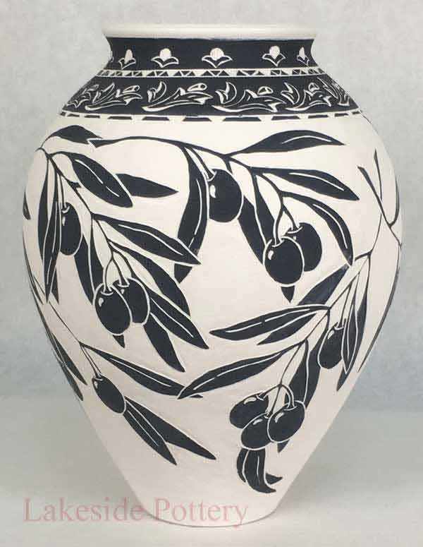 Olive sgrafitto carved vase