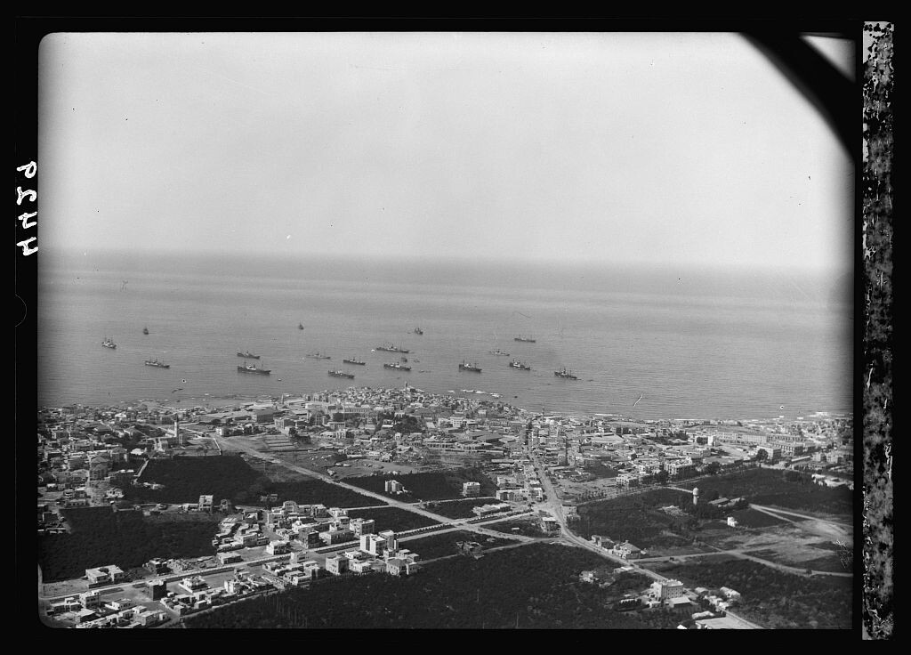 Jaffa city, roads, orange groves, and ships in 1932