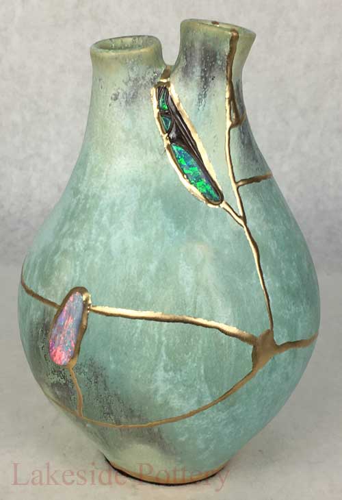 Hand made Kintsugi organic heart vase with Agate and Opal gemstones