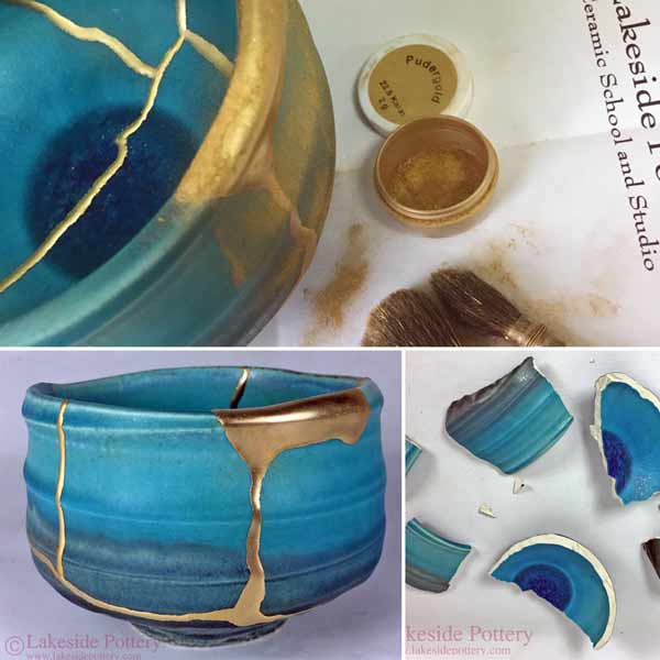 Japanese turquoise Kintsugi bowl repair using 23.5 karat gold