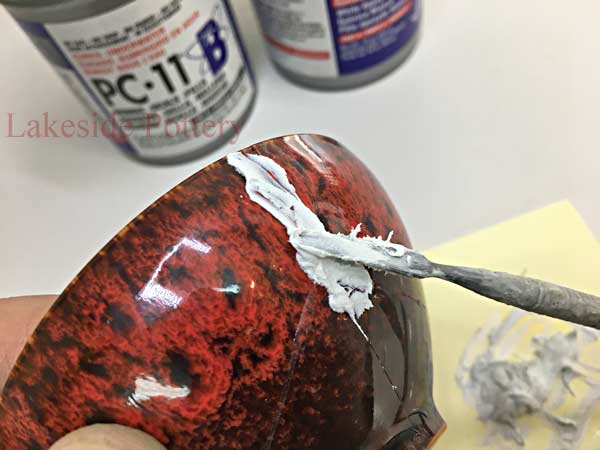 Apply thin layer of filler while pushing in to fill cracks and missing fragments