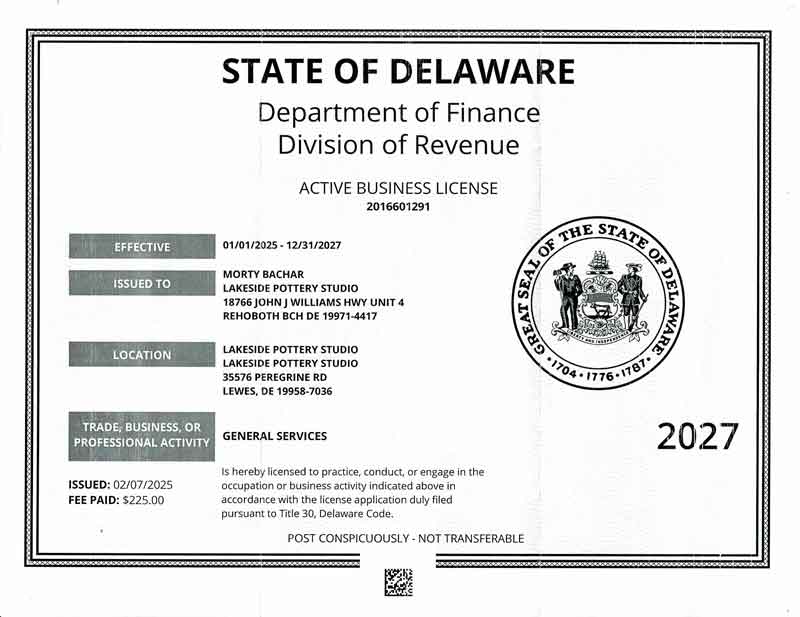 Lakeside Pottery Studio Business License