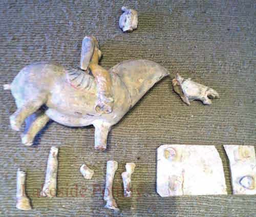 Broken antique chinese terracotta horse and rider statues