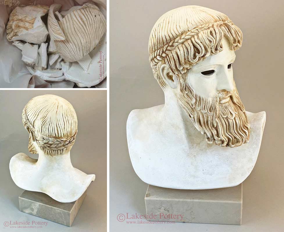 Ceramic Poseidon statue repair - before and after