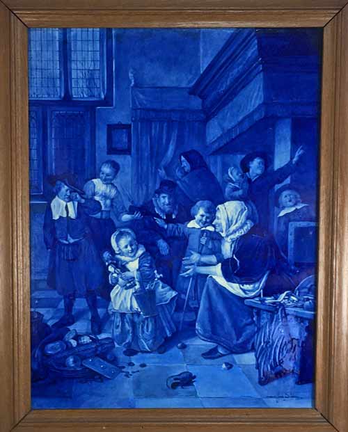  Restored 21" Delft tile with Jan Steen painting, 17th century 