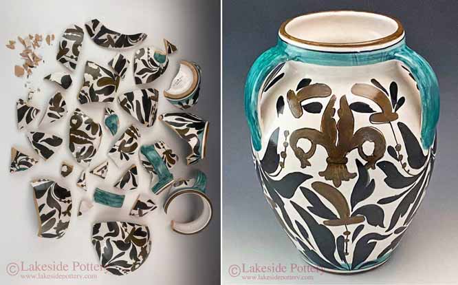 Hand painted ceramic vase broken the many segments