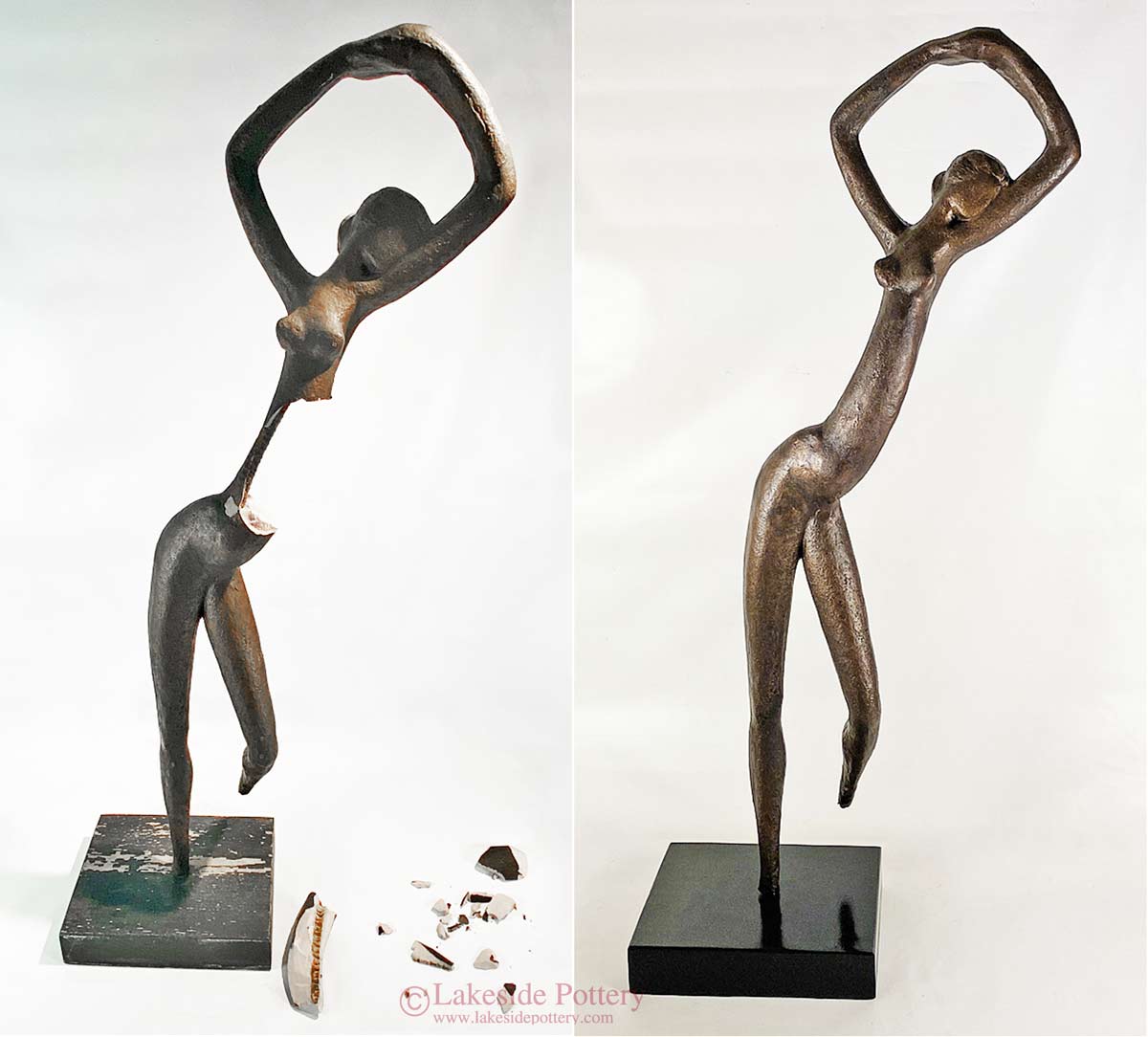 Broken large plaster statue with bronze effect and wooden base - before and after repair