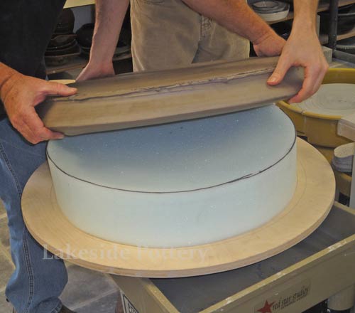 using foam to flip a large greenware platter